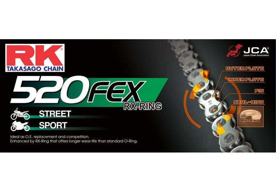 Chaîne RK pas de 520 type FEX RX'ring super-renforcée +attache à river